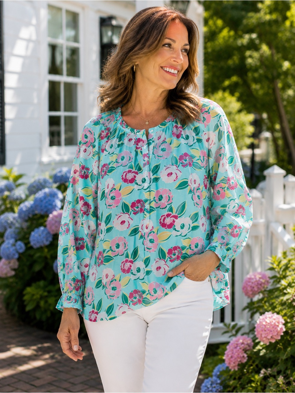 Kim Rogers 1X Floral Cotton Blouse Aqua Pink Button Front Top Plus Size